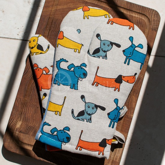 Colourful half-linen oven mitt "Puppies"